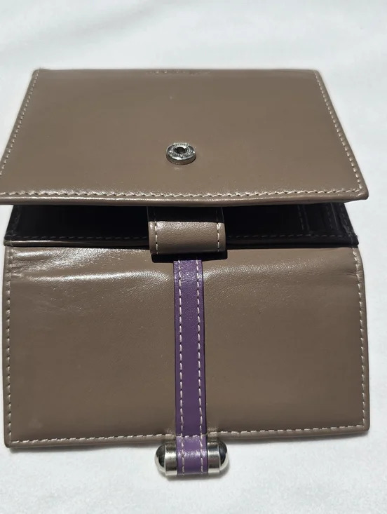 Levenger Wallet Bifold Smooth Taupe Purple Leather Snap Closure Coin Pocket - Picture 10 of 16